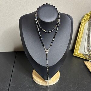 Italy Rosary Cross Aurora Borealis Silver Beaded Necklace